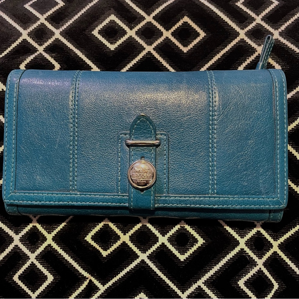 Coach Mia Leather Teal Checkbook Wallet